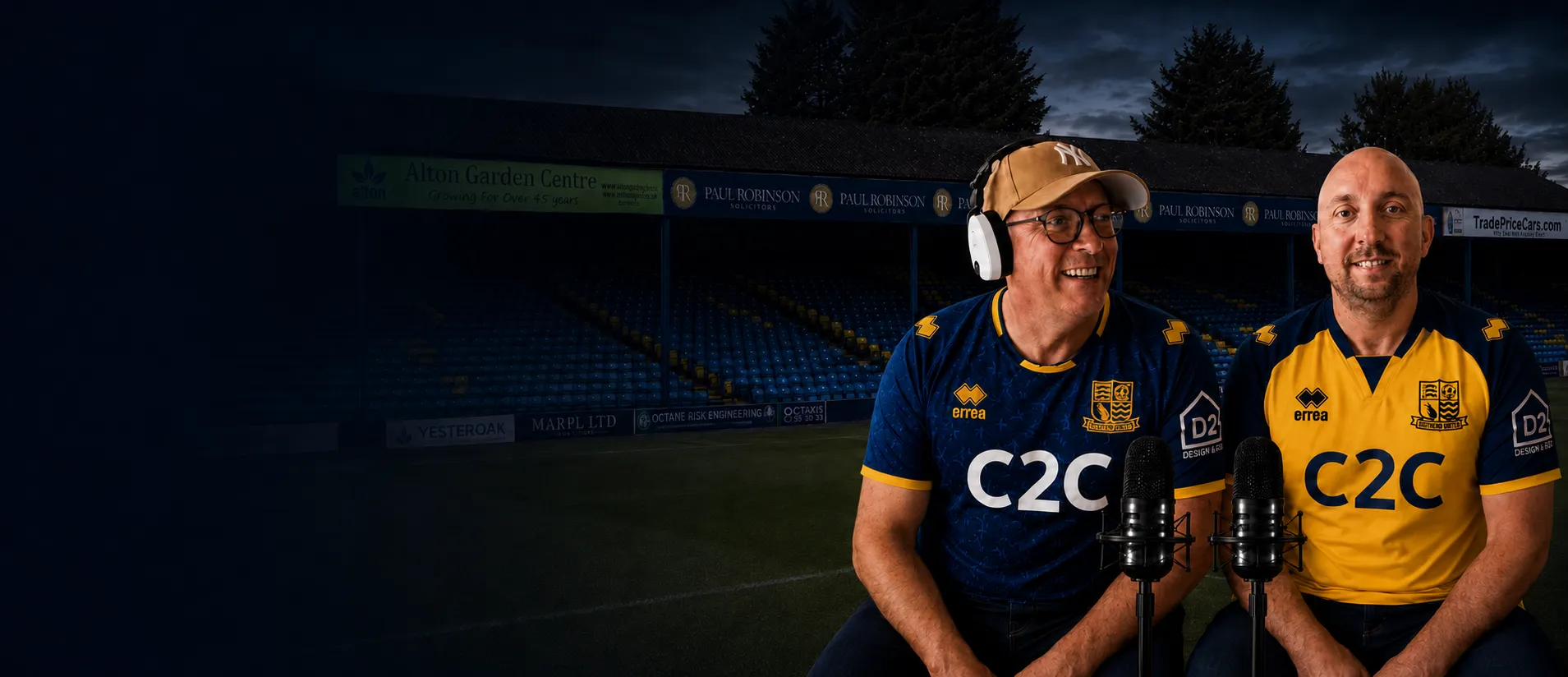 Phil and Charlie, hosts of The Talking Shrimpers Podcast, in Southend United shirts